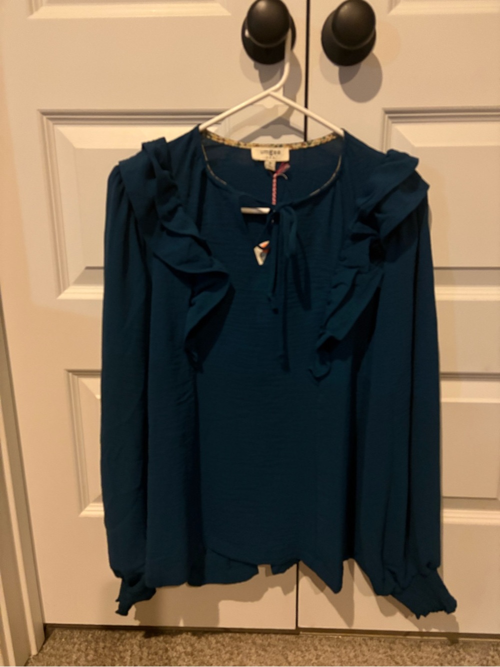 Umgee Teal Ruffle-Trim Long-Sleeve Blouse